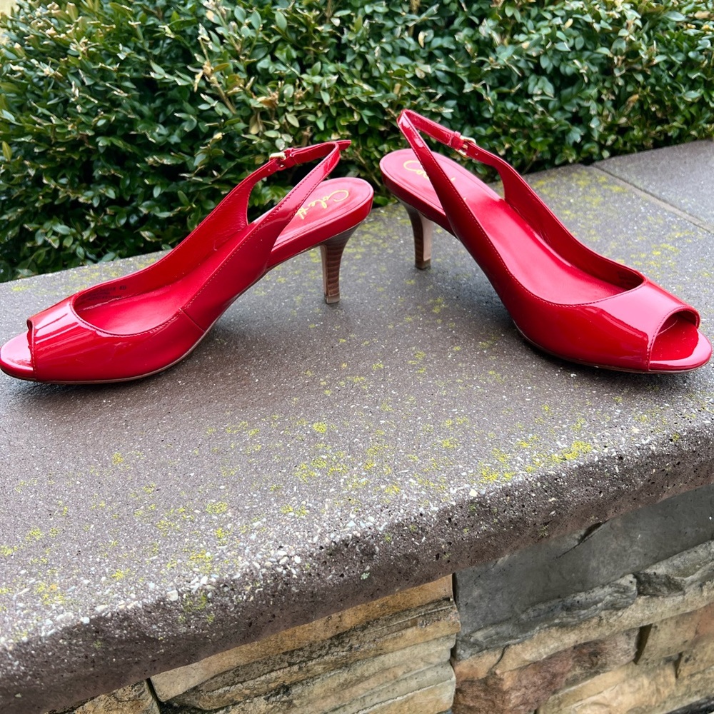 Cole Haan Patent Leather red peep toe kitten heels